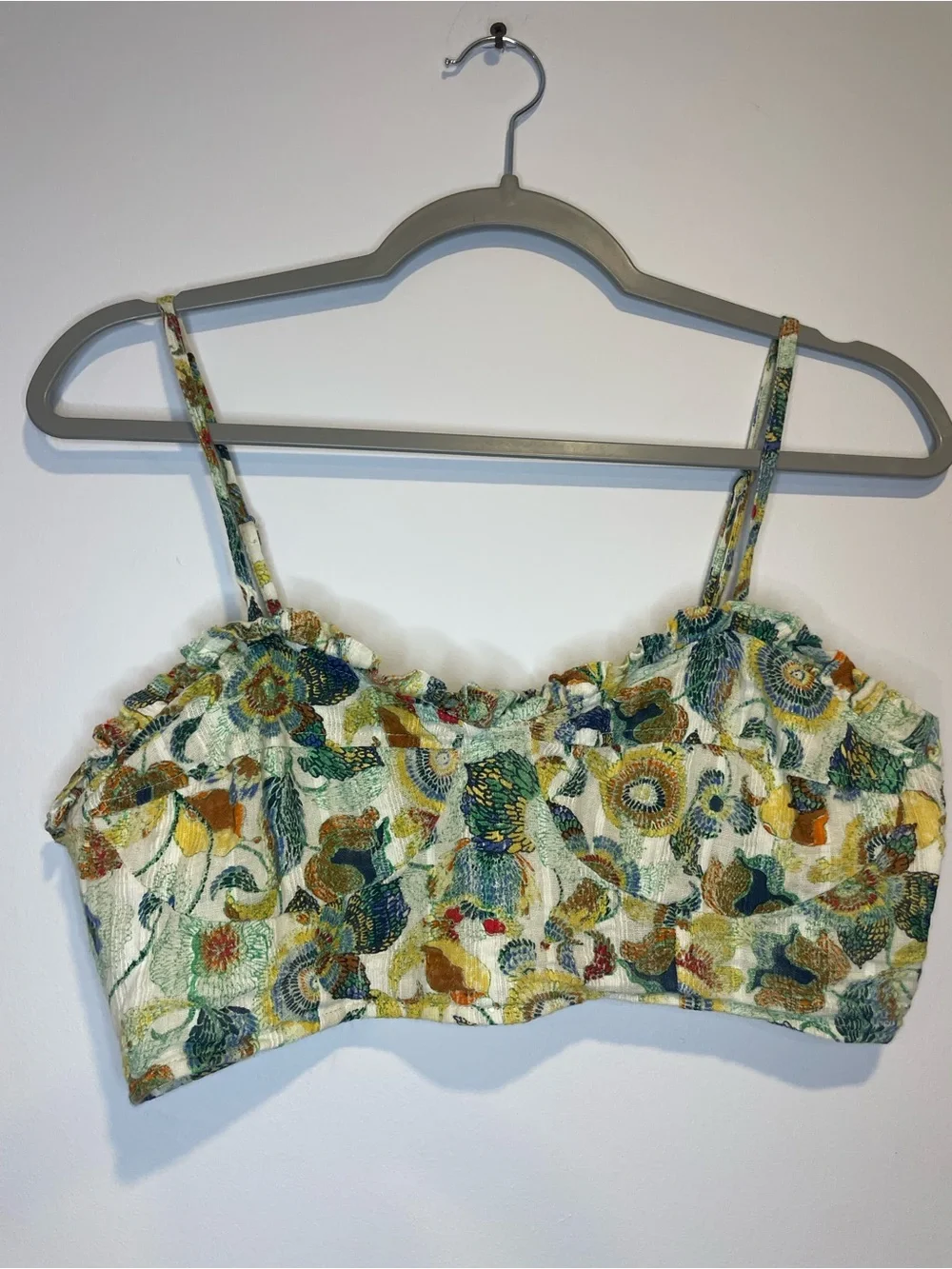 Anthropologie Floral Twist-Front Cropped Blouse - Yellow Green Blue